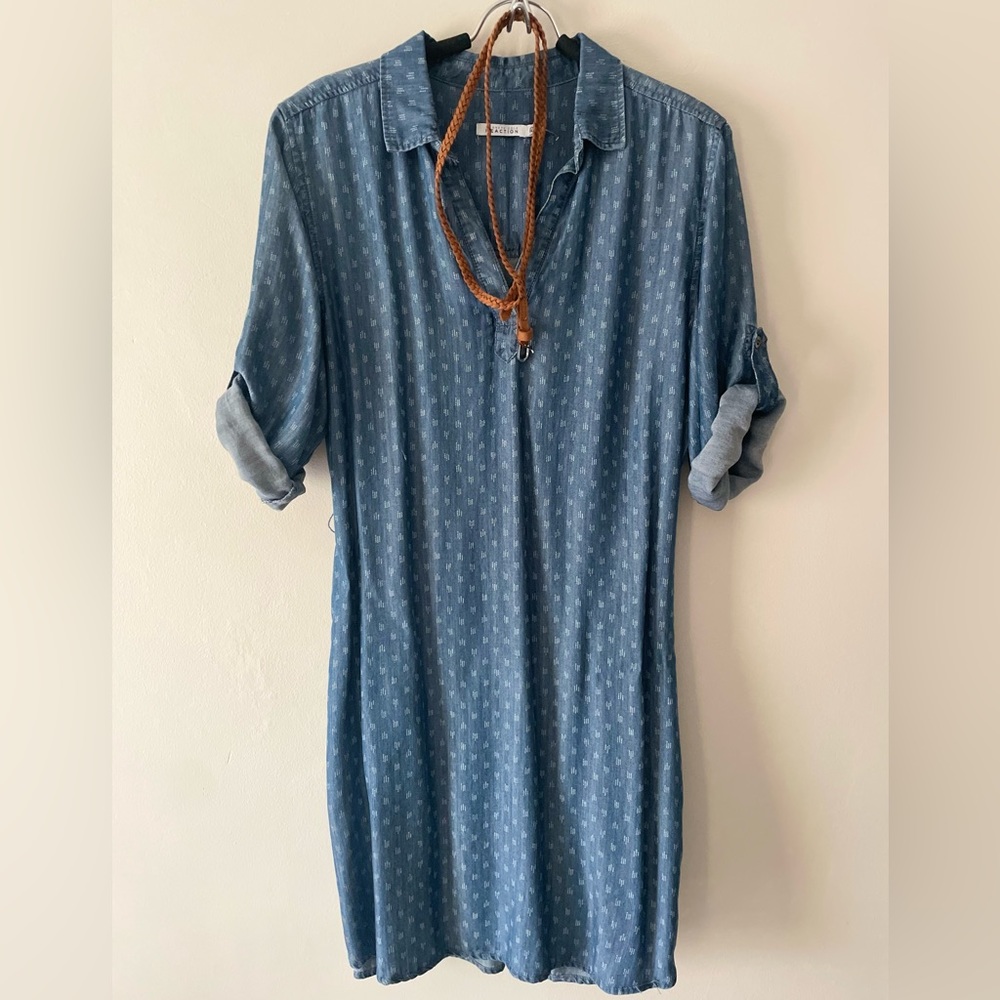 Kenneth Cole-Reaction Denim Tunic Shirt Dress 3/4 Roll-up Sleeve. Women Size 12